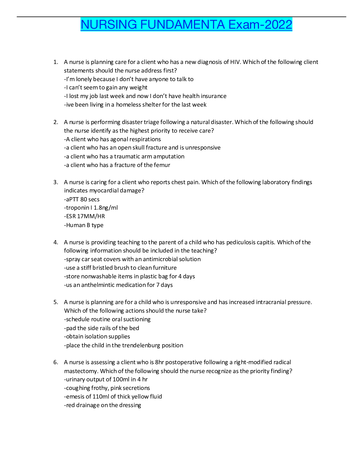 Preview image of NURSING FUNDAMENTA Exam-2022 document